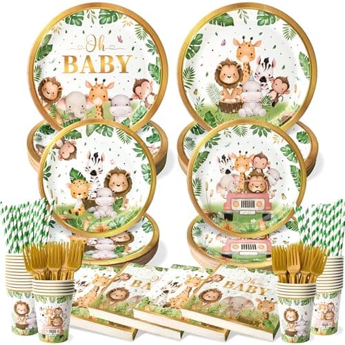 300 Pcs Safari Baby Shower Plates and Napkins (Serves 50 Guests), Plates Napkins Cups Straws and Forks Sets, Party Supplies, Jungle Safari Baby Shower Decorations