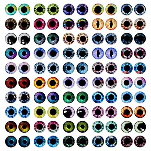 MWOOT 100 Pcs 12MM Glass Eyes Cabochon Dragon Eyes, Colorful Glass Eyes for Crafts, 50 Style Rabbit Cat Owl Bird Human Pupil Eyes for Doll Art Making Jewelry DIY Craft Halloween Easter Decoration
