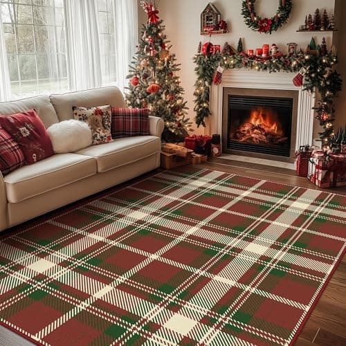 BEIMO Christmas Area Rug 3x5 for Living Room Bedroom, Machine Washable Rug, Indoor Christmas Home Decor, Holiday Print Red Carpet, Low Pile Non Slip Rug with Rubber Backing, Red Striped Plaid Print