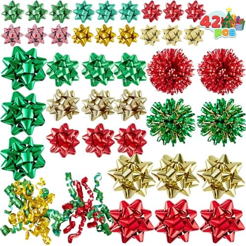 JOYIN 42 Pcs Gift Bows Assortment for Christmas with 36 Multi-Colored Assorted Size Self Adhesive Gift Bows, 4 Tinsel Bows and 2 Curly Bows for Gift Wrapping, Christmas Wrapping Ribbon (3 Sizes)