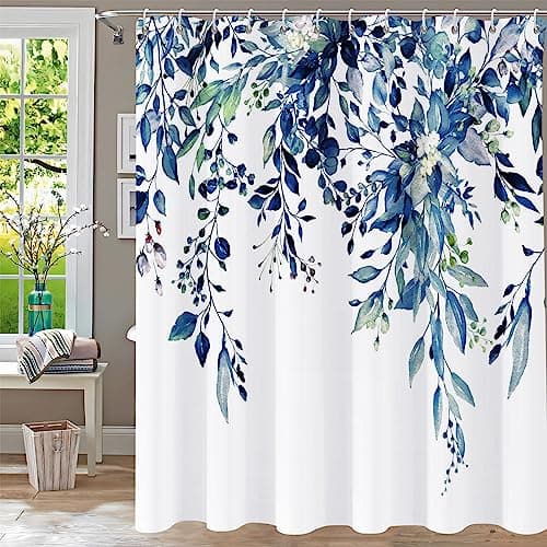 YiarTaan Shower Curtain Blue Eucalyptus Shower Curtains for Bathroom, Watercolor Leaf Shower Curtain Sets Waterproof Plant Shower Curtain Leaves Fabric Cloth Bathroom Curtains 72x72 inch with Hooks