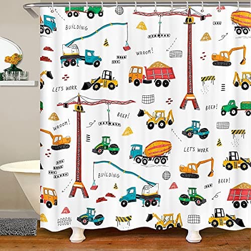 Kid Excavator Shower Curtain, Tractor Machinery Trucks Shower Curtain, Construction Vehicle Shower Curtain For Boys, Bulldozer Crane Bath Curtain Equipment Truck Shower Curtain, 72" W x 72" L