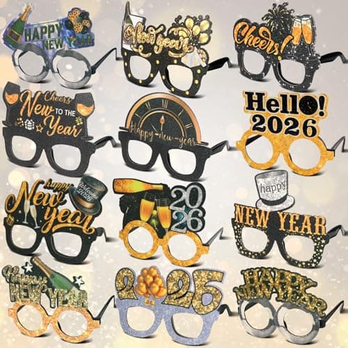 Mega-L 12 Pcs Happy New Year Eyeglasses, 2026 New Year Glasses, New Year Party Supplies Favors, Black Gold Silver Glitter New Year Photo Booth Props for Eve Party Celebration Decorations 2026