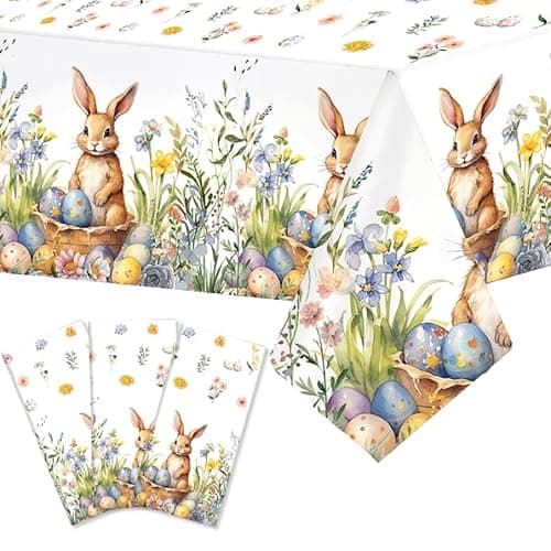 AIBIIN 3 Pcs Easter Tablecloth, Plastic Easter Bunny Eggs Table Cover Spring Floral Table Cloth for Happy Easter Spring Holiday Party Decoration and Supplies 108x54 Inch