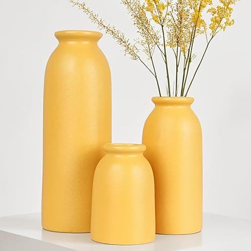 Ceramic Vase Set-3, Small Flower Vases for Decor, Modern Boho Farmhouse Style, Decorative Vases for Pampas Grass & Dried Flowers, Distressed Finish (Yellow)