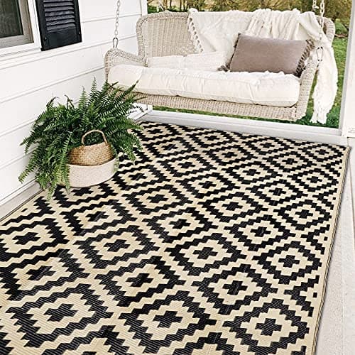 SAND MINE Waterproof Outdoor Rug 5x8 ft, Plastic Reversible Rug, Modern Area Rug, Large Floor Mat for Outdoors, RV, Patio, Backyard, Deck, Picnic, Beach, Camping, Black & Beige