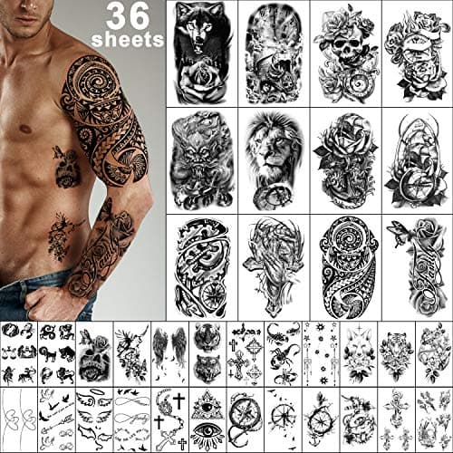 Yazhiji 36 Sheets Temporary Tattoos Stickers, 12 Sheets Fake Body Arm Chest Shoulder Tattoos for Men or Women with 24 Sheets Tiny Black