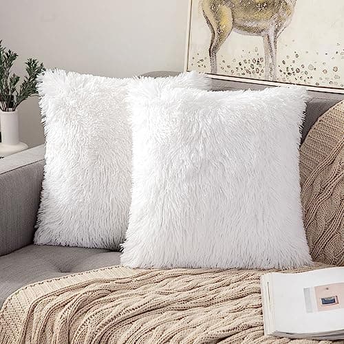 ANRODUO Pack of 2 White Throw Pillow Covers Luxury Fluffy Pillows Faux Fur Decorative Pillows Plush Cushion Case Fuzzy Mongolian Merin Style for Bed Couch Sofa Living Room Spring Decor 18x18 Inch