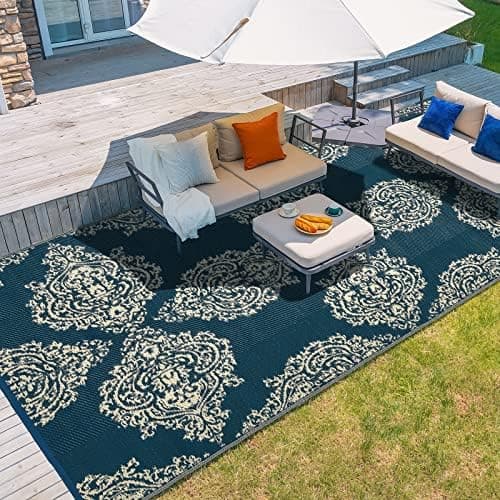 wikiwiki Outdoor Rug, 4x6ft Waterproof Reversible Mat Indoor Outdoor Rugs Carpet, Small Area Rug Plastic Straw Rug for Patio Deck Balcony Pool RV Camping Beach Picnic, Blue & Beige, Rugscape Series