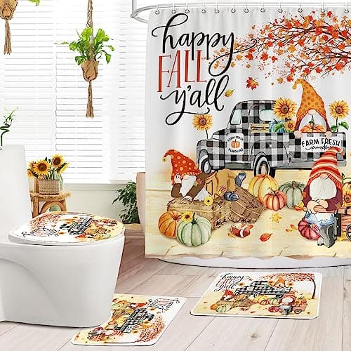 Thanksgiving Fall Shower Curtain Set for Bathroom,4 Piece Gnome Fall Bathroom Decor,Plaid Fall Shower Curtain, Rug,Toilet Cover,Bathroom Rug,Black and White Shower Curtain with Hooks (72"x72")