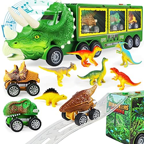 Dinosaur Toys for Kids 3-5-7, 11 in 1 Dinosaur Truck with Light, Music & Roar Sound, Dino Toddler Toys Including Toy Truck, Dinosaur Cars, Mini Dinosaur Figures & Slide, Toys for 3 4 5 6 Year Old Boys