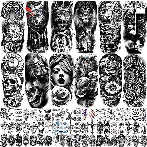 JEEFONNA 72 Sheets Temporary Tattoo for Men Women Adults, Include 12 Sheets Black 3D Half Sleeve Temporary Tattoos, Halloween Tattoos Scary Lion Wolf Tiger Skull Skeleton Tattoos Stickers