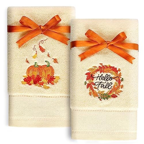 Quera 2 Pack Fall Hand Towels Autumn Pumpkin Thanksgiving Embroidered Premium Luxury Decor Hello Fall Bathroom Decorative Dish Set for Drying Cleaning, Cooking 13.7 "x 29.5"