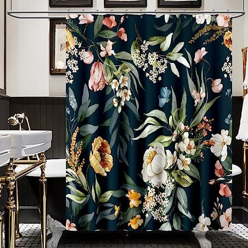 Amaredom Black Floral Shower Curtain, Colorful Flowers Shower Curtain for Bathroom, Waterproof Fabric Shower Curtain Set with 12 Hooks 72x72 Inches
