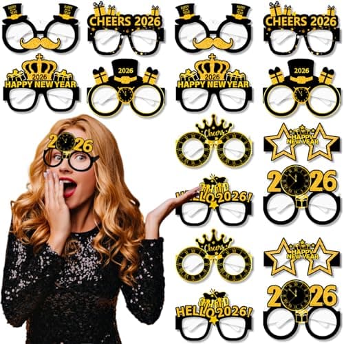 JIE CARALL New Year's Eve Glasses Photo Props 2026 Pack Of 16, Funny 2026 Happy New Year's Eve Party Photo Booth Props Black Gold Paper Eyeglasses for New Year Carnival Celebrations Party Supplies