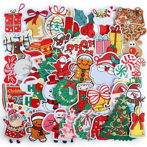 Funcolor Christmas Iron on Patches for Clothing: 36Pcs Cute Xmas Santa Embroidered Patches for Gifts - Trees Cane Candy Applique Patches Sew on for Ugly Sweater Hats Jackets Jeans Stockings