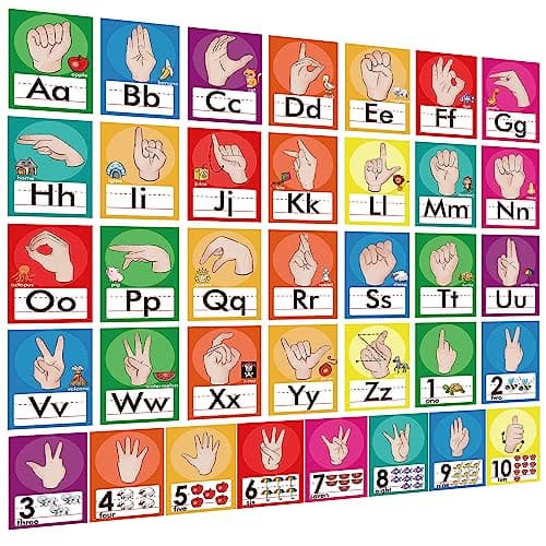 YIYDONG 36 Pieces ASL Alphabet Line Bulletin Board Set ABC Number Sign Language Flash Cards Wall Decorations for Pre-School Kindergarten Elementary Classroom Nursery Homeschool (Bright Colors)