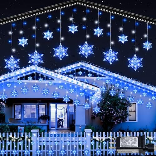 BEEWIN Christmas Snowflake Lights Outdoor,8.2 FT 144 LED Snowflake Icicle Lights with 12 Drops,8 Modes Timer Waterproof Connectable Xmas Light for Eaves,Windows,Curtain,Indoor Outdoor(Blue White)