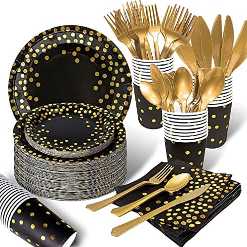 AIRE 175PCS Black and Gold Paper Plates Party Supplies for 25 Guests Disposable Party Decorations Dinnerware Golden Dot Black Paper Plates Napkins Cups Gold Plastic Forks Knives Spoons for Parties