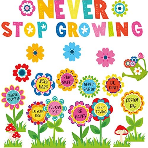 Funrous 90 Pcs Never Stop Growing Bulletin Board Decorations Summer Spring Classroom Theme Decor Positive Bulletin Board Set Flower Cutouts Inspirational for Teacher School Office Chalkboard Supplies