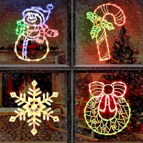 4 Pack Christmas Window Silhouette Lights Decorations, Lighted Wreath, Candy Cane, Snowflakes, and Snow Man Christmas Window Light Decorations for Holiday Indoor Outdoor Wall Door Glass Decorations