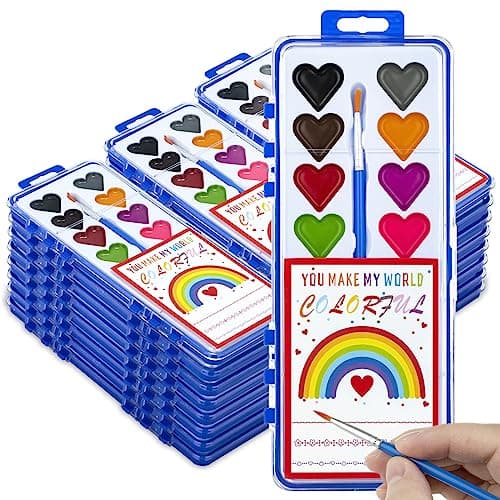 Valentines Day Gifts for Kids, 24 Pack Watercolor Paint Set with Paintbrush for Kids, Prizes Exchange Gifts Valentines Party Favors for Preschool Classroom School