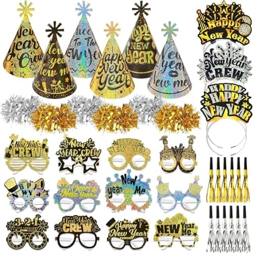 HOWAF 2025 New Year's Eve Glitter Party Supplies Kit,42 Pcs Black Gold silver Happy New Year Eve Party Supplies-New Year Headband Eyeglasses New Year Top Hats New Year Fringed Noisemaker