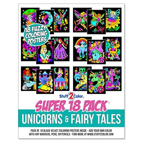 Super Pack of 18 Fuzzy Coloring Posters (Unicorns & Fairy Tales Edition) - Arts & Crafts for Girls and Boys - Great for After School, Travel, Planes, Group Activities, and Coloring with Friends