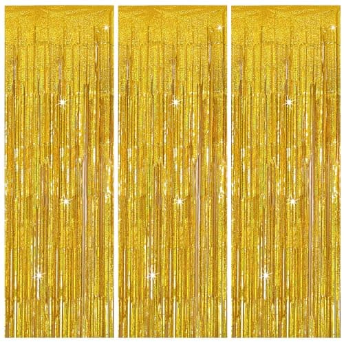 3 Pack Gold Backdrop Birthday Decorations Foil Curtain Backdrop Gold Streamers Dance Party Decorations Photo Booth Props for Bachelorette Decorations Christmas Halloween New Years Eve Party Supplies