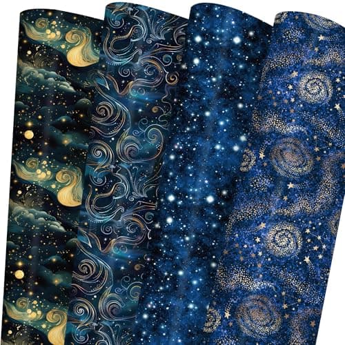 RiukRaiu Galaxy Wrapping Paper for Kids - Blue Gold Night Sky Nebula Star Gift Wrap for Birthday, Party, Holiday – 8 Folded Sheets 20 x 29 Inch, Easy to Store