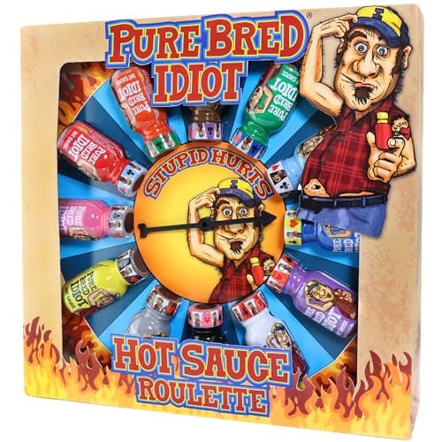 Pure Bred Idiot - Hot Sauce Roulette Game - 12-0.75 Ounce Bottles Hot Sauce Gift Set - Perfect Premium Gourmet Gag Gifts for Men - Spicy Challenge Hot Sauce Sampler