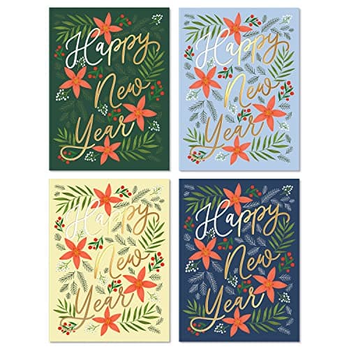 Sweetzer & Orange Happy New Year Cards Set with Envelopes - 24 Pack of Thick 300gsm Holiday Decor Sheets, Greeting Cards, Joyful Holidays & Thank You Messages