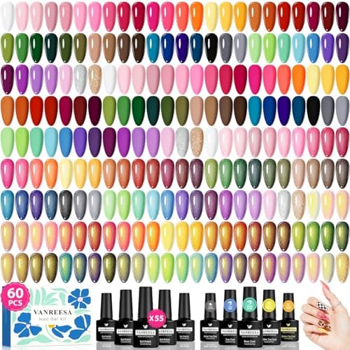 VANREESA 60 Pcs Gel Nail Polish Set, 55 Colors Gel Polish with Base Coat & 4 Effects Top Coat Full-Color Nail Polish Set All Seasons Nail Kit Gifts for Women Girls Nail Salon at Home