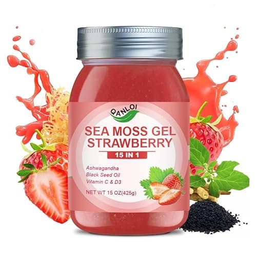 QANLOI 15OZ Strawberry Flavored Sea Moss Gel, 15-in-1 Ingredient, Rich in Ashwagandha, Vitamins and Minerals, Promotes Metabolism & Improves Digestion
