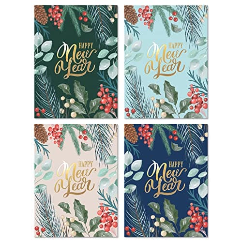 Sweetzer & Orange Happy New Year Cards Set with Envelopes - 24 Pack of Thick 300gsm Holiday Decor Sheets, Greeting Cards, Joyful Holidays & Thank You Messages