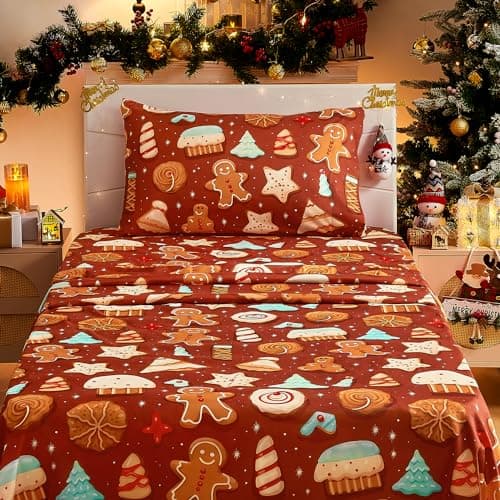 BYSURE Twin Sheets Set Kids(Christmas Gingerbread & Cookies, Chocolate Brown), 3 Pieces Easy Fit Deep Pocket Sheets Set, Breathable Wrinkle-Free Microfiber Bedding for Children