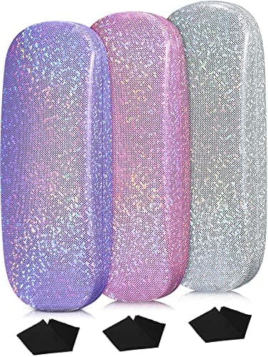 Weewooday 3 Pcs Hard Shell Eyeglasses Cases Glitter Sunglasses Protective Unisex Glasses Case with Cleaning Cloth (Pink, White, Purple), 6.3 x 2.4 x 1.2 inches/ 16 x 6 x 3 cm