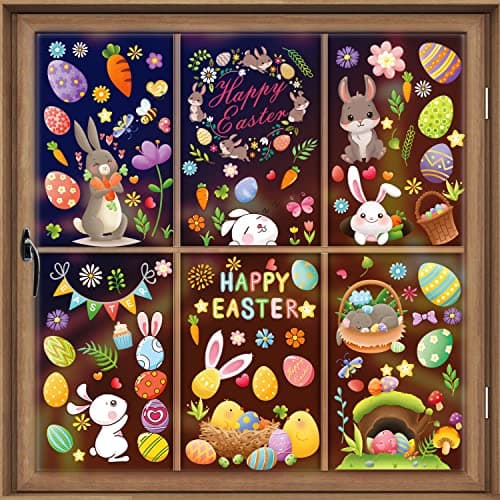 AhfuLife Easter Window Cling 86 Pcs, 9 Sheets Larger Bunny Window Stickers, Happy Easter Sign Eggs Spring Window Cling for Home, Office, School Party Decoration Supplies