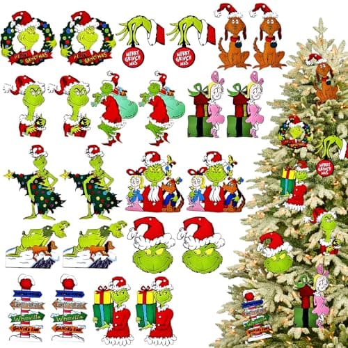 New 24 Pcs Christmas Tree Ornaments, 1 Pcs Christmas Decorations Hanging Sign with Rope, Wooden Green Small Xmas Tree Ornaments for Holiday Party Indoor Outdoor Christmas Tree Hanging Decorations