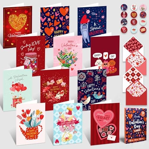 Decorably 24 Pack 4x6in Valentines Day Cards with Envelopes and Stickers, 12 Designs with Printed Message Inside Multipack Valentine's Cards, Valentine Card