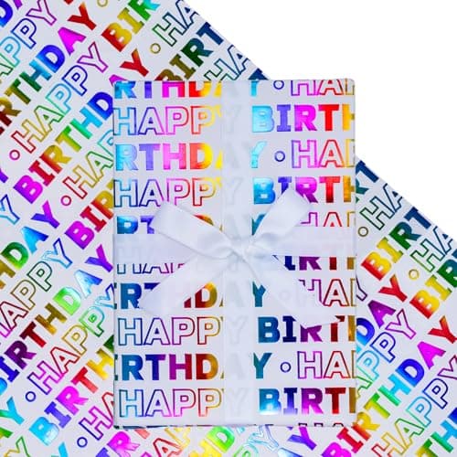 LeZakaa Birthday Wrapping Paper Roll, Happy Birthday Lettering Colorful Holographic Foil Design for Birthday, Baby Shower, Holiday Party Gift Wrap, Mini Roll, 17 inches x 16.4 Feet (23.2 sq.ft.)