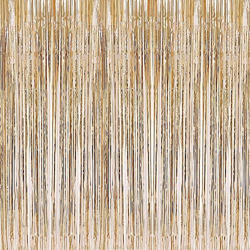 i-CHONY 2 Pcs 3.2ft x 8.2ft Champagne Gold Metallic Tinsel Foil Fringe Curtains Photo Booth Backdrop for Baby Shower Birthday Wedding Holiday Celebration Bachelorette Party Decorations