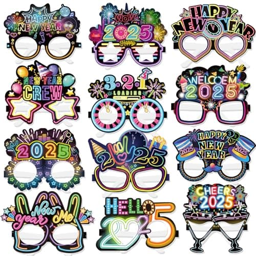 HOWAF 24 Pieces Happy New Year Neon Glasses, Glitter New Years Eve Party Novelty Eyeglasses for Adults, 2025 New Year's Eve Party Supplies Favors Photo Booth Props Paper Glasses for NYE Decorations