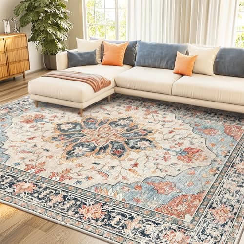 RELEANY Area Rugs 8'x10' Washable Non-Slip, Floral Vintage Distress Print Pattern Medallion Carpet for Living Room Bedroom Dining Room, Beige Navy Blue Orange Colorful