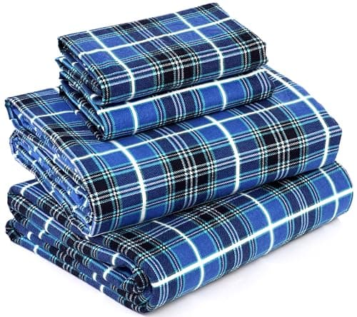 RUVANTI Flannel Sheets Queen Size - 100% Cotton Double Brushed Bed Sheets, Deep Pockets 16 Inches Queen Sheet Set, All Seasons Breathable & Extra Soft - Warm & Cozy, 4 Piece, Blue Plaid