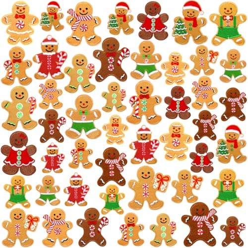 Tigeen 48 Pcs Christmas Gingerbread Iron on Patch Embroidery Applique Patch Gingerbread Patches Patch Holiday Sweets Buscuit Christmas Patches for Clothing, Jackets, handmade Applique Emblem Accessory