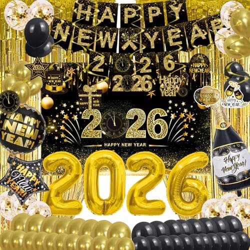Happy New Year Party Decoration Supplies - 2026 Backdrop Banner Fringe Curtains and Foil Balloon, Photo Booth Props, Swirls, Confetti, New Years Eve Black and Gold Decor Photography Backdrops Kit
