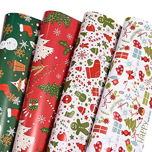 PlandRichW Christmas Wrapping Paper Folded for Kids Boys Girls Man Women Gift's. Papercraft Snowmen, Candy Canes, Tree, Socks, Snowflakes, Happy New Year Bulk of 12 Sheets 20"x 29" Folded