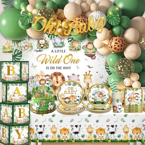 Cocomigo 260PCS Safari Baby Shower Decorations, Safari Jungle Baby Shower Decorations, Safari Plates and Napkins for Party, Safari Jungle Theme Baby Shower Decorations for Bbaby Shower Themes for Boys