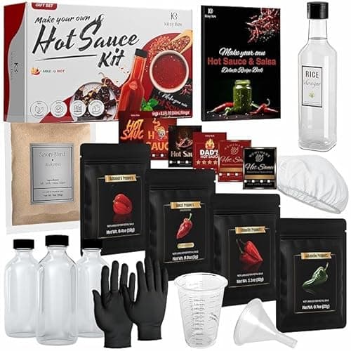 Gourmet Hot Sauce Making Kit, Unique Gift for Men, Fun DIY Cooking Kit, Make Your Own Hot Sauce Gift Set, Makes 16+ Bottles (Includes 4 Pepper Varieties)